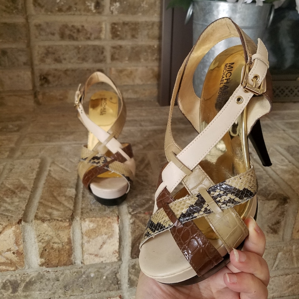 AUTHENTIC Michael Kors Beige Snakeskin Brown Black Leather Platform Sandals - Picture 5 of 11